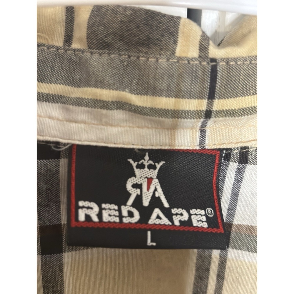 Red Ape Mens Tan Black Plaid Button Down Shirt Lion Crest Patch Size Large - Picture 13 of 16